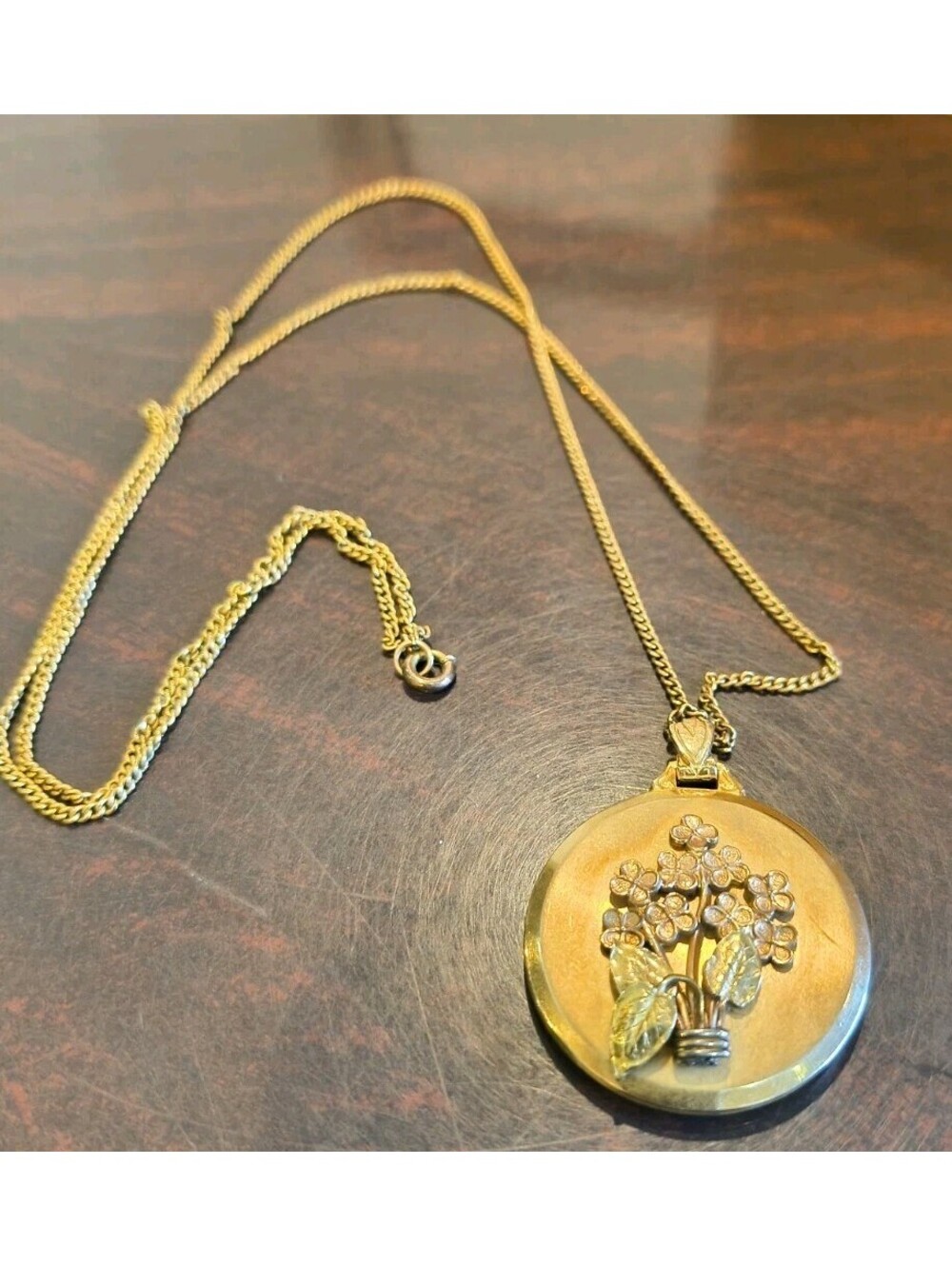 Antique Gold Filled Rose Green Flower Locket Pendant Necklace Victorian